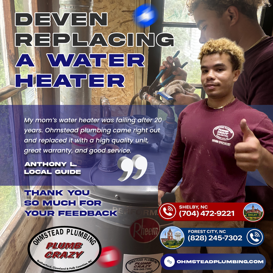 Ohmstead plumber installing water heater Shelby NC